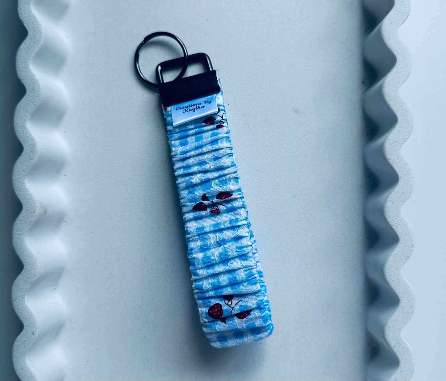 Blue Strawberry Gingham Wristlet